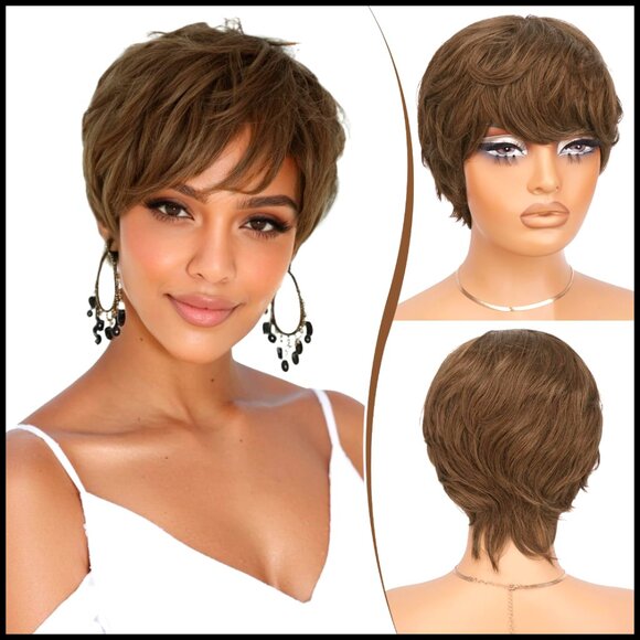 Short Layered Wavy Human Hair Wig Glueless Pixie Cut with Bangs Natural main image 6